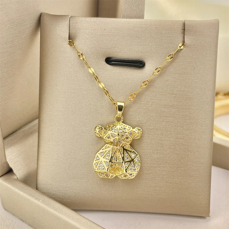 Mielas meškiuko pakabukas, vario inkrustuotas cirkonio karoliai moterims nerūdijančio plieno grandinėlės vestuvių vakarėlio jubiliejaus dovanos papuošalai