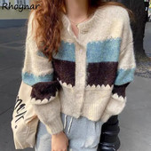 Sieviešu jaka korejiešu versija, raibs stils, ikdienišķs retro stila džemperis ar vienrindu, ērts sieviešu džemperis, kas piemērots ikdienas lietošanai