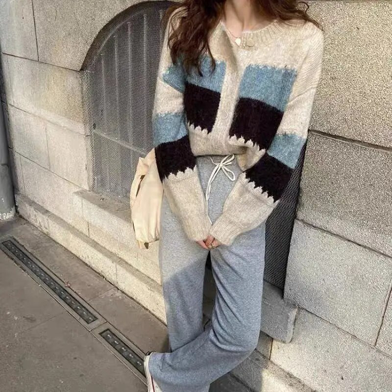 Sieviešu jaka korejiešu versija, raibs stils, ikdienišķs retro stila džemperis ar vienrindu, ērts sieviešu džemperis, kas piemērots ikdienas lietošanai