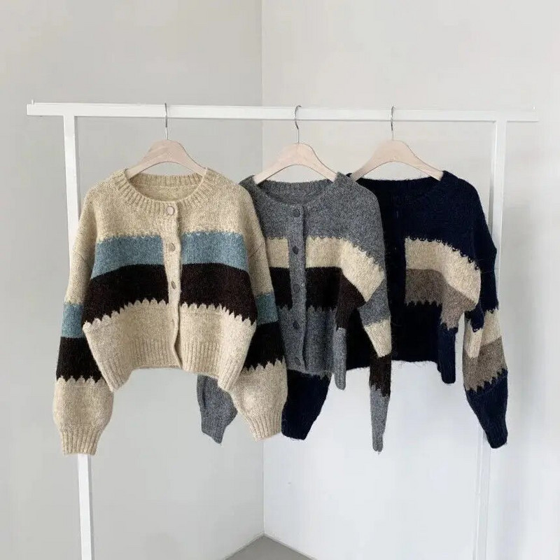 Sieviešu jaka korejiešu versija, raibs stils, ikdienišķs retro stila džemperis ar vienrindu, ērts sieviešu džemperis, kas piemērots ikdienas lietošanai