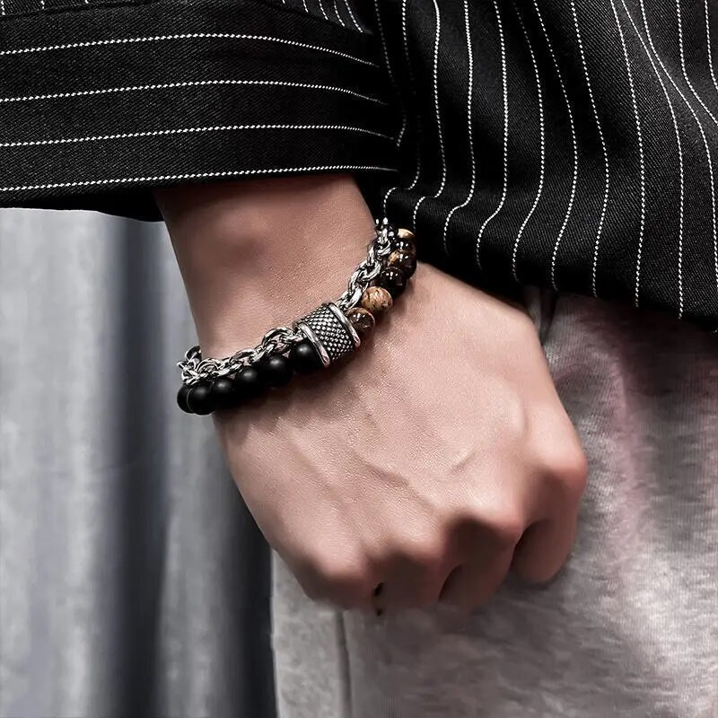 Modes punk stila matēta akmens ķēdes kombinācija ģeometriska vīriešu rokassprādze