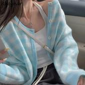 Sieviešu jaciņa, modes rūtains paneļu temperamenta maigs pamata O veida kakla ērts Harajuku Preppy stila džemperis Lovely Baggy Ins