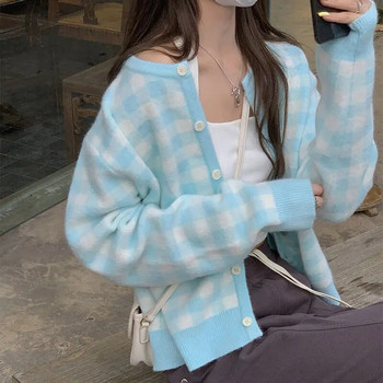 Ζακέτα Γυναικεία Μόδα Καρό Πάνελ Ιδιοσυγκρασία Τρυφερό Basic O-neck Άνετο πουλόβερ Harajuku Preppy Style Lovely Baggy Ins