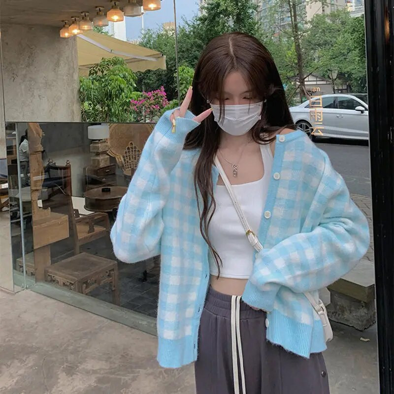 Sieviešu jaciņa, modes rūtains paneļu temperamenta maigs pamata O veida kakla ērts Harajuku Preppy stila džemperis Lovely Baggy Ins