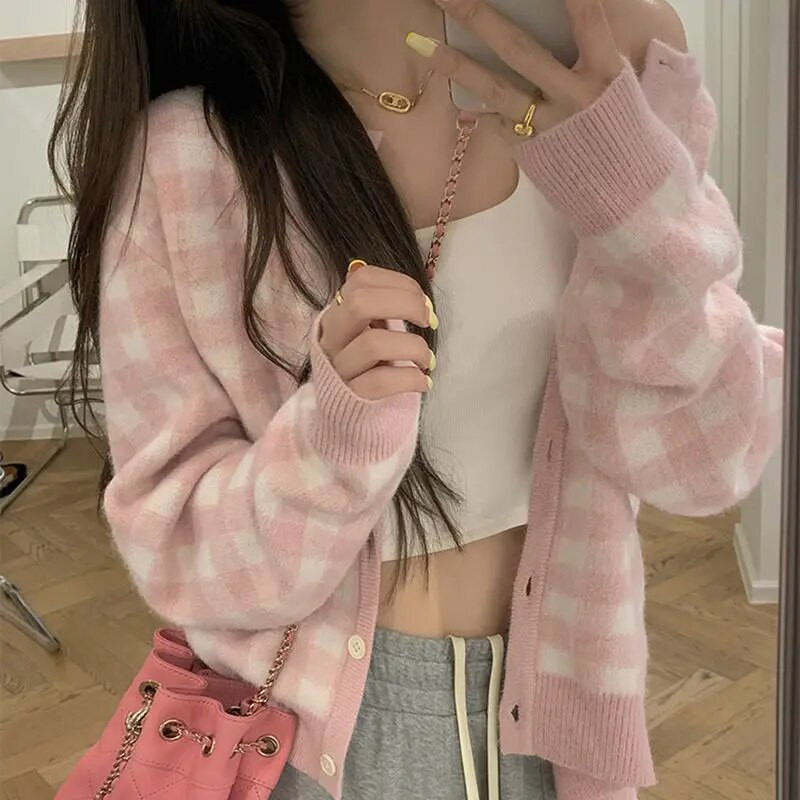 Sieviešu jaciņa, modes rūtains paneļu temperamenta maigs pamata O veida kakla ērts Harajuku Preppy stila džemperis Lovely Baggy Ins