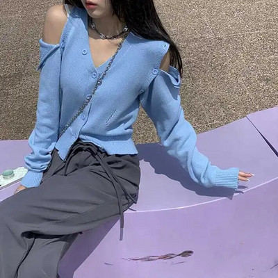 Deeptown Korea moe ülisuur naiste kampsun Harajuku V-kaelusega kootud kampsun, magus seksikas õlavaba pikkade varrukatega kärbitud top Y2K