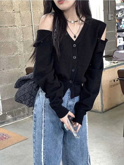 Deeptown Korean Fashion Oversize Cardigan Moteriškas Harajuku V formos megztinis, mielas seksualus džemperis be pečių ilgomis rankovėmis apkarpytas Y2K