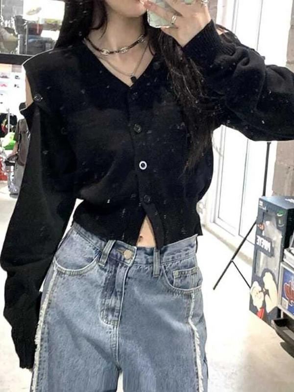 Deeptown Korea moe ülisuur naiste kampsun Harajuku V-kaelusega kootud kampsun, magus seksikas õlavaba pikkade varrukatega kärbitud top Y2K