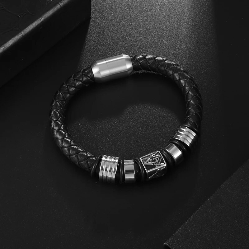 Masonic Charm, melna, pīta ādas rokassprādze vīriešiem personalizēta ikdienas ielu roka ballīšu modes rotaslietas aksesuāri