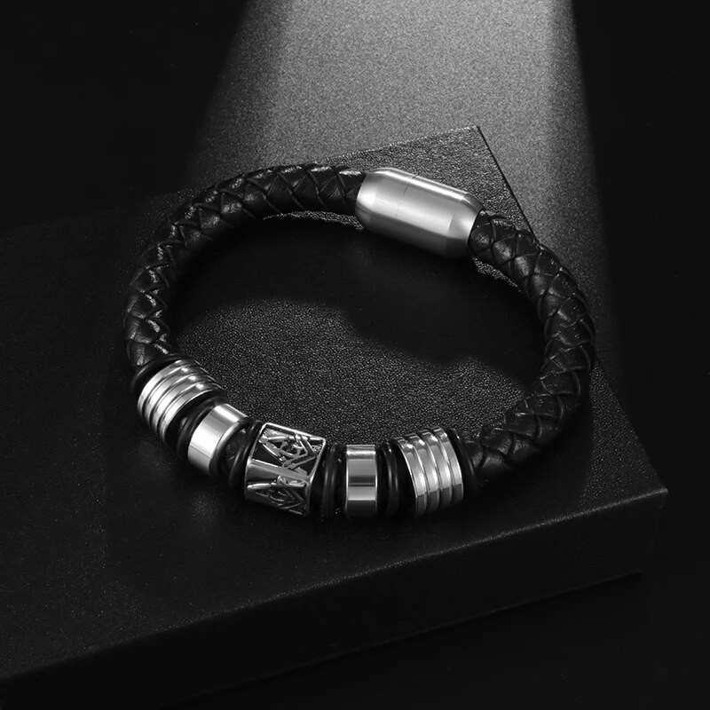 Masonic Charm, melna, pīta ādas rokassprādze vīriešiem personalizēta ikdienas ielu roka ballīšu modes rotaslietas aksesuāri