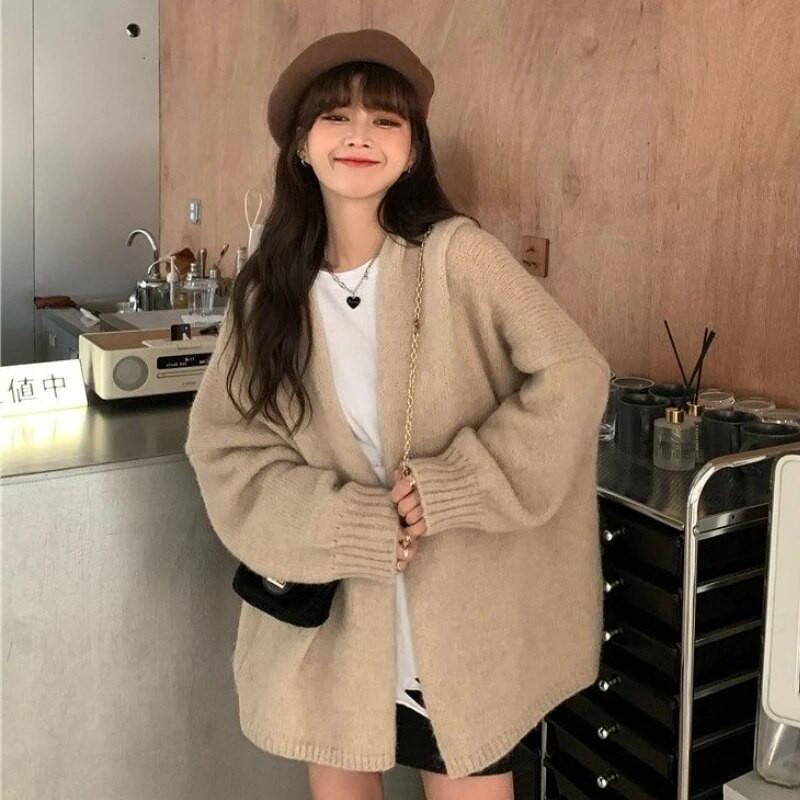 Sieviešu džemperi ar garām piedurknēm Korejiešu modes pamati Vienkārši adījumi Baggy Sweet Teens High Street Temper Preppy Кардиган