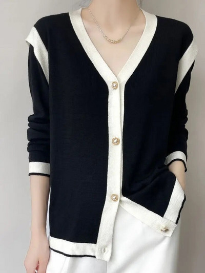 Pavasario ir rudens moteriškas megztinis megztinis iš vilnos V formos kaklo džemperis su viena krūtine, paprastas plonas moteriškas baltas juodas kratinys