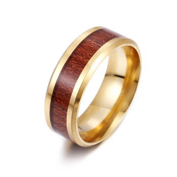 8 мм пръстен от неръждаема стомана Истинско кафяво коа дърво, инкрустирано с високо полирано сито, сватбен пръстен Мъже Жени