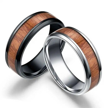 8 мм пръстен от неръждаема стомана Истинско кафяво коа дърво, инкрустирано с високо полирано сито, сватбен пръстен Мъже Жени