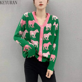 Női pulóver Kötött zöld rajzfilm Zebra kardigán V-nyakú pulóver laza alkalmi női felső Női ruhák egysoros gombok