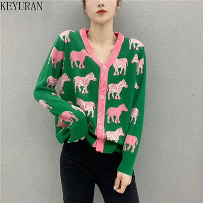 Női pulóver Kötött zöld rajzfilm Zebra kardigán V-nyakú pulóver laza alkalmi női felső Női ruhák egysoros gombok