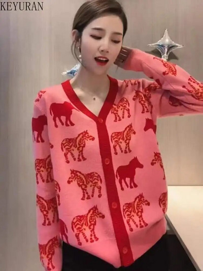 Női pulóver Kötött zöld rajzfilm Zebra kardigán V-nyakú pulóver laza alkalmi női felső Női ruhák egysoros gombok