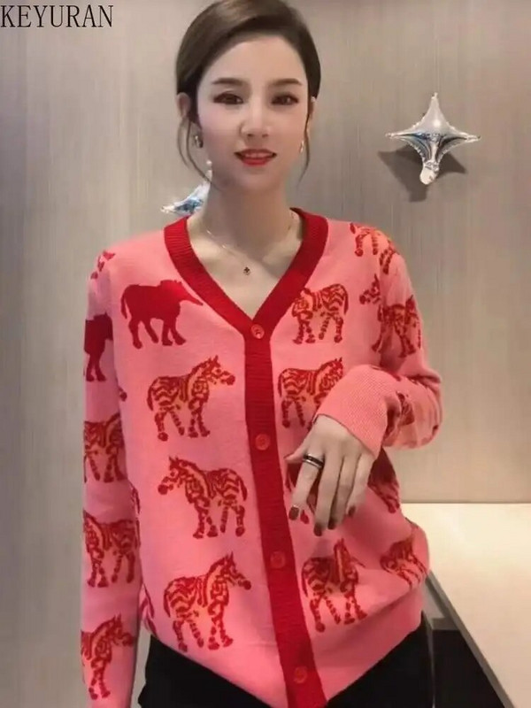 Női pulóver Kötött zöld rajzfilm Zebra kardigán V-nyakú pulóver laza alkalmi női felső Női ruhák egysoros gombok