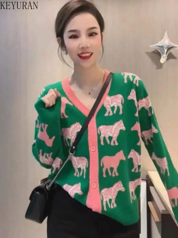 Női pulóver Kötött zöld rajzfilm Zebra kardigán V-nyakú pulóver laza alkalmi női felső Női ruhák egysoros gombok