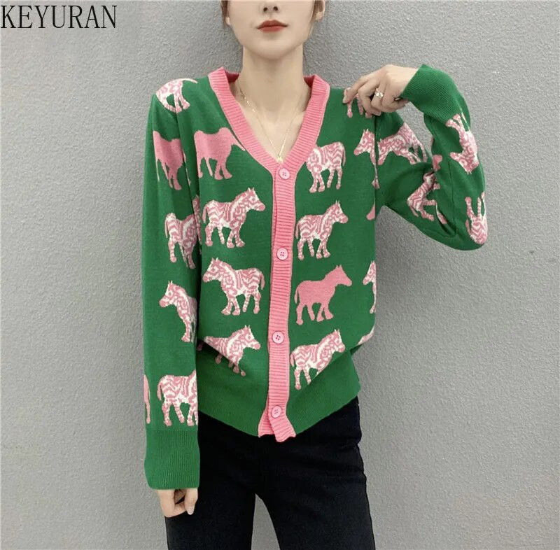 Női pulóver Kötött zöld rajzfilm Zebra kardigán V-nyakú pulóver laza alkalmi női felső Női ruhák egysoros gombok