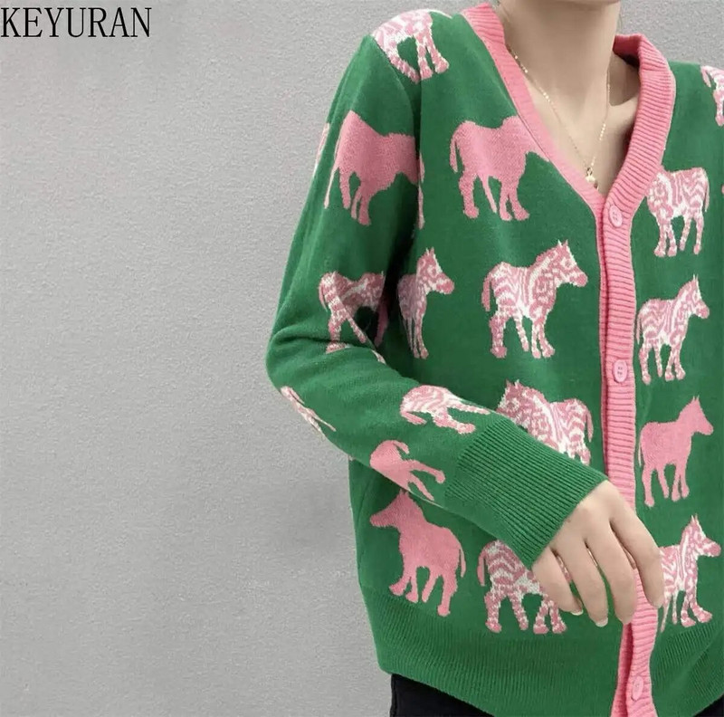 Női pulóver Kötött zöld rajzfilm Zebra kardigán V-nyakú pulóver laza alkalmi női felső Női ruhák egysoros gombok