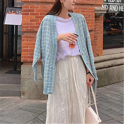 Sieviešu džemperis jaka jaka pavasarim un rudenim, jauns rūtains V veida kakla izgriezums ar garām piedurknēm, vienrindas, brīvs, moderns piepilsētas tops ZM167