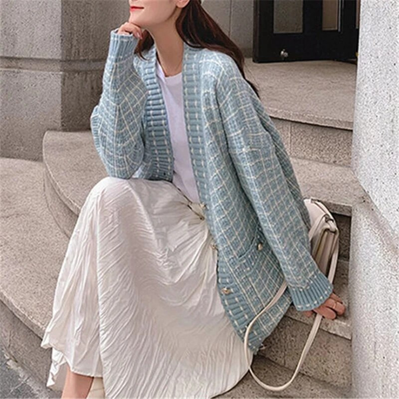 Sieviešu džemperis jaka jaka pavasarim un rudenim, jauns rūtains V veida kakla izgriezums ar garām piedurknēm, vienrindas, brīvs, moderns piepilsētas tops ZM167