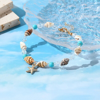 Морска звезда Гривна Bohemian Women Beach Conch Rice Pearl Turquoise Колие Висулка Shell Crystal Beads Jewelry Fashion Glezen