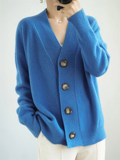 Sieviešu trikotāžas jaciņa pavasarim un rudenim, jauns V veida kakla izgriezums, vienrindas vienkrāsains mētelis, brīvs tops sieviešu apģērbam ZM682