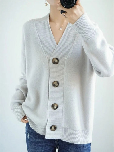 Sieviešu trikotāžas jaciņa pavasarim un rudenim, jauns V veida kakla izgriezums, vienrindas vienkrāsains mētelis, brīvs tops sieviešu apģērbam ZM682