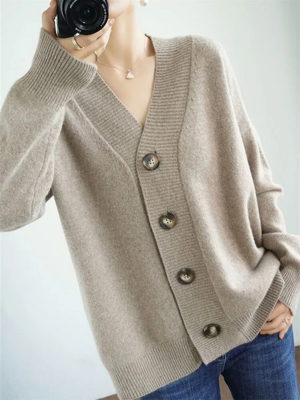 Sieviešu trikotāžas jaciņa pavasarim un rudenim, jauns V veida kakla izgriezums, vienrindas vienkrāsains mētelis, brīvs tops sieviešu apģērbam ZM682