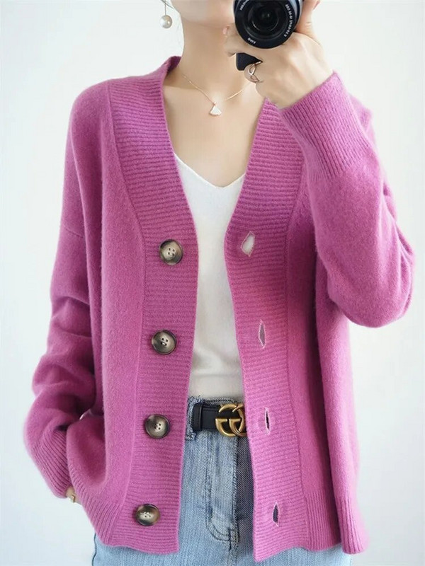 Sieviešu trikotāžas jaciņa pavasarim un rudenim, jauns V veida kakla izgriezums, vienrindas vienkrāsains mētelis, brīvs tops sieviešu apģērbam ZM682