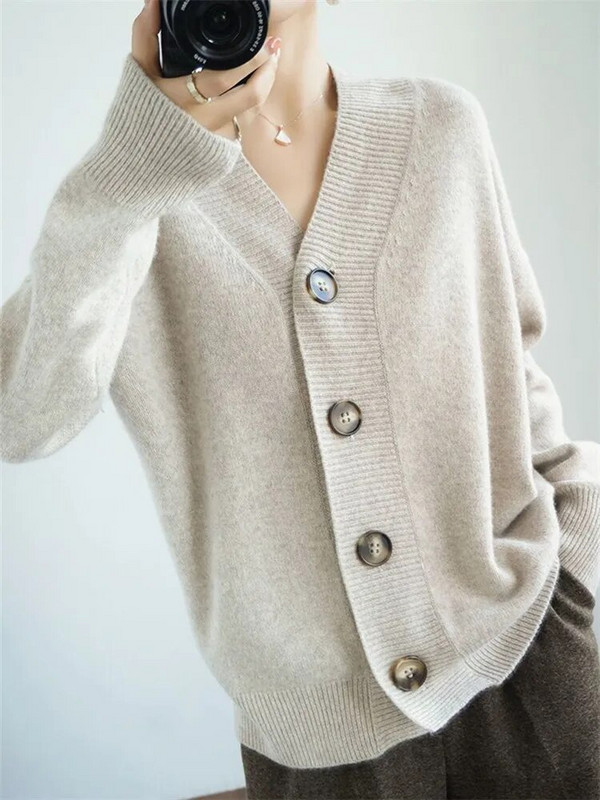 Sieviešu trikotāžas jaciņa pavasarim un rudenim, jauns V veida kakla izgriezums, vienrindas vienkrāsains mētelis, brīvs tops sieviešu apģērbam ZM682