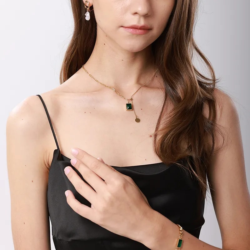 Kihiline roheline geomeetria kivist ripats rangluu kett kaelakee roostevabast terasest kaelakeed naistele Hip Hop tänava ehted kingitus