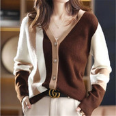 Pulóver Kardigán női tavaszi ősz új varrás V-nyakú, egysoros divatos ingázó kötött dzseki női ruházat 654
