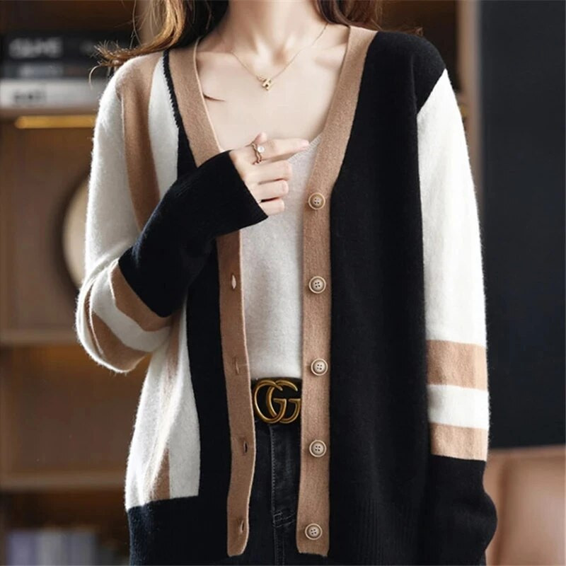 Pulóver Kardigán női tavaszi ősz új varrás V-nyakú, egysoros divatos ingázó kötött dzseki női ruházat 654