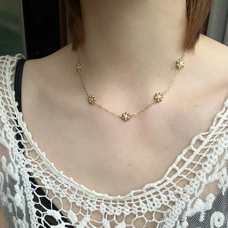 Pērļu krelles margrietiņu ķēdes kaklarota sievietēm Vintage pavasara vasaras ziedu vara pārklājuma zelta modes kaklarotas 2022 jaunums