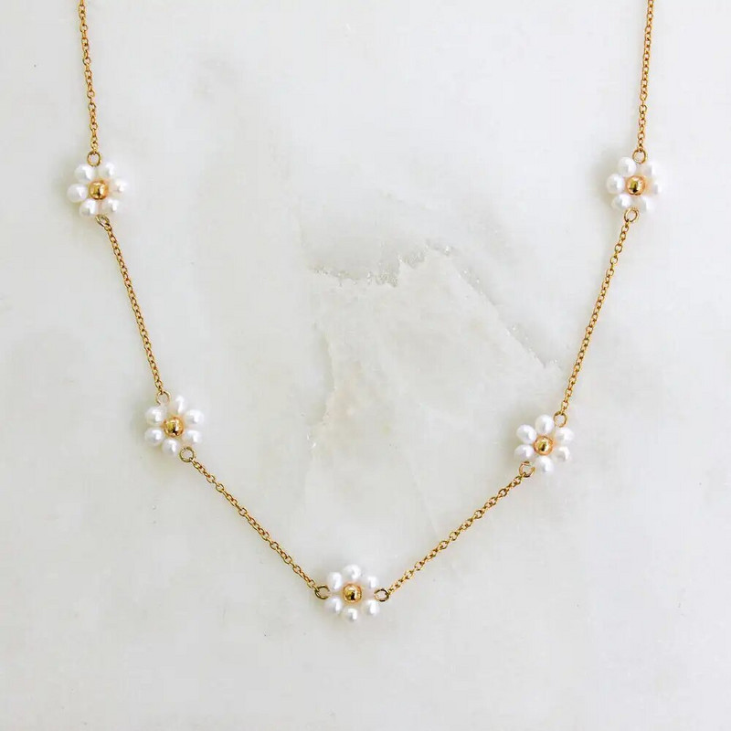 Pērļu krelles margrietiņu ķēdes kaklarota sievietēm Vintage pavasara vasaras ziedu vara pārklājuma zelta modes kaklarotas 2022 jaunums