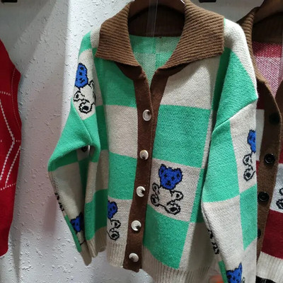 Japāņu stila lāču apdrukas jaciņš sievietēm Kawaii brīvs POLO apkakles trikotāžas trikotāža ar garām piedurknēm rūtaini trikotāžas džemperis Y2k zaļš džemperis