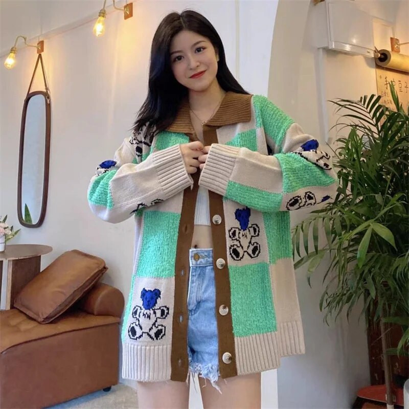 Japāņu stila lāču apdrukas jaciņš sievietēm Kawaii brīvs POLO apkakles trikotāžas trikotāža ar garām piedurknēm rūtaini trikotāžas džemperis Y2k zaļš džemperis