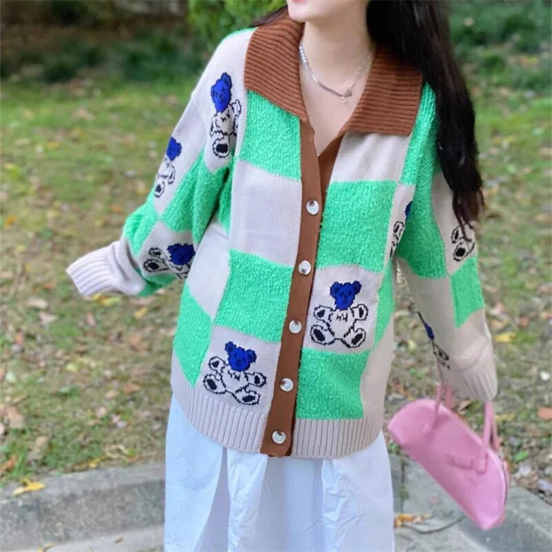 Japāņu stila lāču apdrukas jaciņš sievietēm Kawaii brīvs POLO apkakles trikotāžas trikotāža ar garām piedurknēm rūtaini trikotāžas džemperis Y2k zaļš džemperis