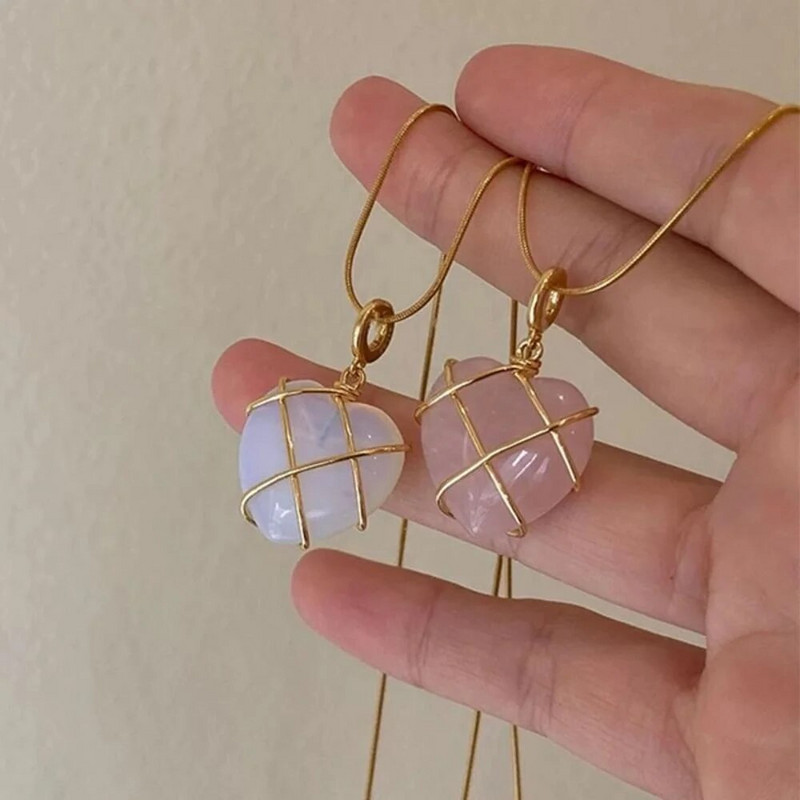 Korejiešu modes stieplēm ietīta rožu kvarca un opāla sirds cirkona pils kaklarota dabīgā akmens kulonu kaklarota mīlestības rotaslietas dāvana