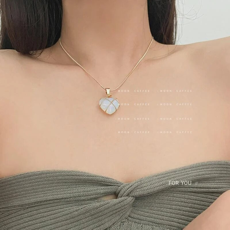 Korejiešu modes stieplēm ietīta rožu kvarca un opāla sirds cirkona pils kaklarota dabīgā akmens kulonu kaklarota mīlestības rotaslietas dāvana