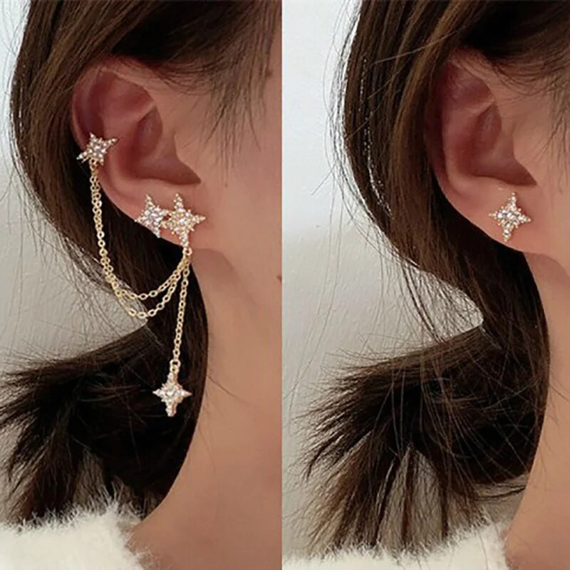 Vienkārša modes ķēde Zvaigzne pušķu kulonu auskari sievietēm Dangle Ear Cuff Wrap Stud Auskaru ballīte Valentīna dienas dāvanu rotaslietas
