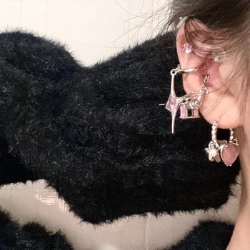 Ροζ Rhinestone Ακανόνιστο Κρεμαστό Αστέρι Ζιργκόν Love Heart Ear Bone Clip για γυναικεία μοντέρνα κοσμήματα πανκ Y2K HUANZHI 2023 NEW