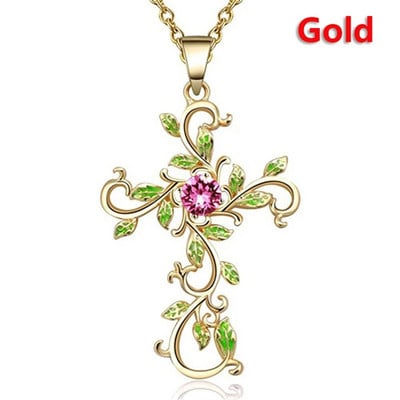 Класическо колие с кръст с цветя от кубичен цирконий Дамско колие с креативни кристални листа Християнски бижута