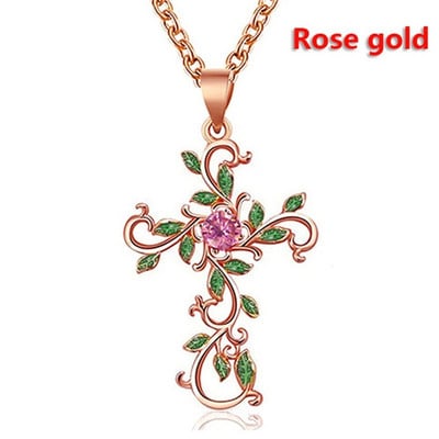 Класическо колие с кръст с цветя от кубичен цирконий Дамско колие с креативни кристални листа Християнски бижута