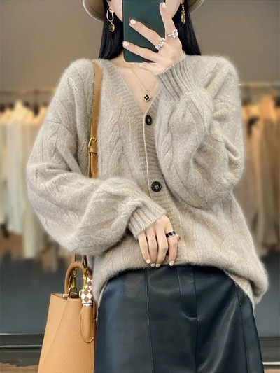 Sieviešu trikotāžas jaciņa pavasaris rudens jauns vienkrāsains V-veida kakla izgriezums, mētelis ar garām piedurknēm, vienrindas, brīvs, vienkāršs sieviešu apģērbs ZM650