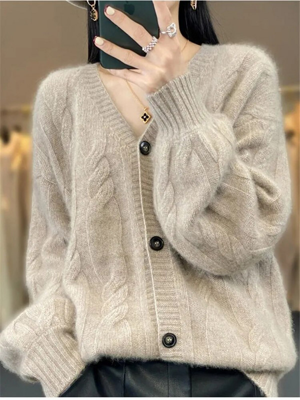 Sieviešu trikotāžas jaciņa pavasaris rudens jauns vienkrāsains V-veida kakla izgriezums, mētelis ar garām piedurknēm, vienrindas, brīvs, vienkāršs sieviešu apģērbs ZM650