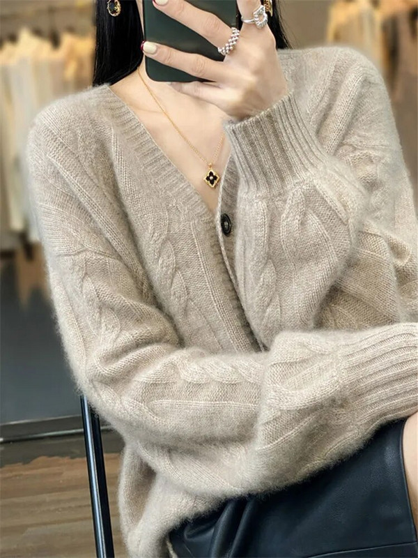 Sieviešu trikotāžas jaciņa pavasaris rudens jauns vienkrāsains V-veida kakla izgriezums, mētelis ar garām piedurknēm, vienrindas, brīvs, vienkāršs sieviešu apģērbs ZM650